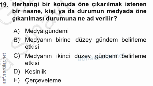 19. soru: Herhangi bir konuda öne çıkarılmak istenen bir nesne, kişi ya da durumun medyada öne çıkarılması durumuna ne ad veril…