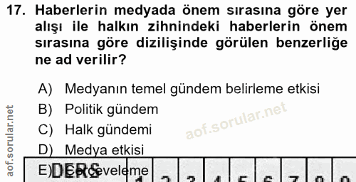 17. soru: Haberlerin medyada önem sırasına göre yer alışı ile halkın zihnindeki haberlerin önem sırasına göre dizilişinde görül…
