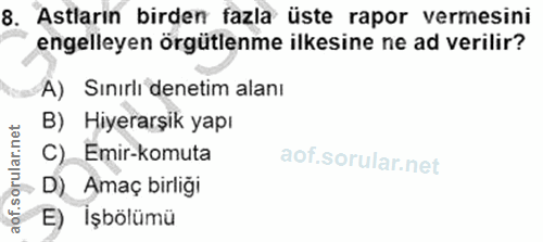 8. soru: Astların birden fazla üste rapor vermesini engelleyen örgütlenme ilkesine ne ad verilir? A) Sınırlı denetim alanı B)…