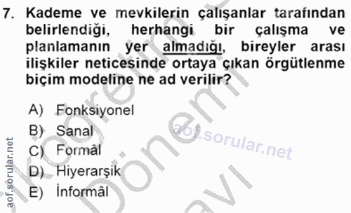 7. soru: Kademe ve mevkilerin çalışanlar tarafından belirlendiği, herhangi bir çalışma ve planlamanın yer almadığı, bireyler a…