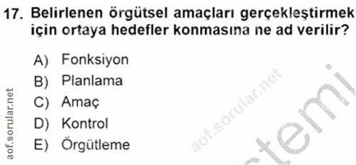 17. soru: Belirlenen örgütsel amaçları gerçekleştirmek için ortaya hedefler konmasına ne ad verilir? A) Fonksiyon B) Planlama C…