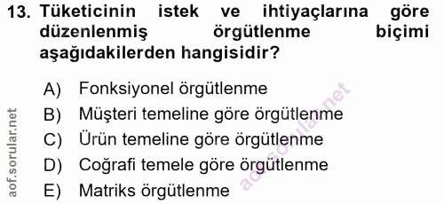 13. soru: Tüketicinin istek ve ihtiyaçlarına göre düzenlenmiş örgütlenme biçimi aşağıdakilerden hangisidir? A) Fonksiyonel örgü…