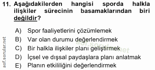 11. soru: Aşağıdakilerden hangisi sporda halkla ilişkiler sürecinin basamaklarından biri değildir? A) Spor faaliyetlerini çözüm…