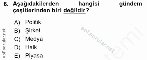 6. soru: Aşağıdakilerden hangisi gündem çeşitlerinden biri değildir? A) Politik B) Şirket C) Medya D) Halk E) Piyasa