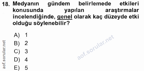 18. soru: Medyanın gündem belirlemede etkileri konusunda yapılan araştırmalar incelendiğinde, genel olarak kaç düzeyde etki old…