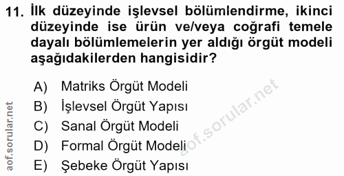 11. soru: Ilk düzeyinde işlevsel bölümlendirme, ikinci düzeyinde ise ürün ve/veya coğrafi temele dayalı bölümlemelerin yer aldı…