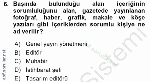6. soru: Başında bulunduğu alan içeriğinin sorumluluğunu alan, gazetede yayınlanan fotoğraf, haber, grafik, makale ve köşe yaz…