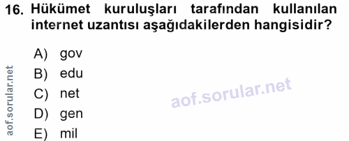 16. soru: Hükümet kuruluşları tarafından kullanılan internet uzantısı aşağıdakilerden hangisidir? A) gov B) edu C) net D) gen E…