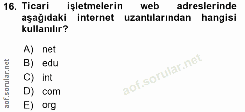 16. soru: Ticari işletmelerin web adreslerinde aşağıdaki internet uzantılarından hangisi kullanılır? A) net B) edu C) int D) co…