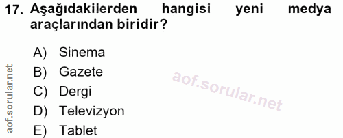 17. soru: Aşağıdakilerden hangisi yeni medya araçlarından biridir? A) Sinema B) Gazete C) Dergi D) Televizyon E) Tablet
