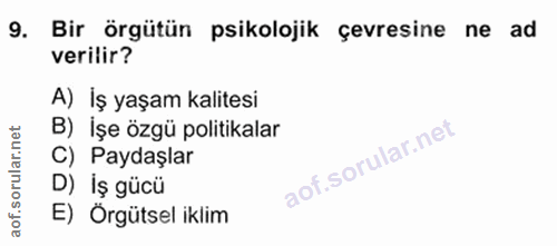 9. soru: Bir örgütün psikolojik çevresine ne ad verilir? A) _ İş yaşam kalitesi B) İşe özgü politikalar C) Paydaşlar D) İş güc…