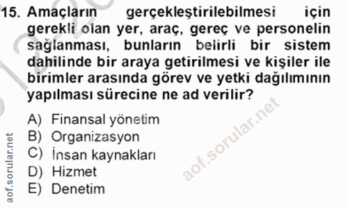 15. soru: Amaçların gerçekleştirilebilmesi için gerekli olan yer, araç, gereç ve personelin saglanması, bunların belirli bir si…