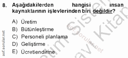 8. soru: Aşağıdakilerden hangisi insan kaynaklarının işlevlerinden biri değildir? A) Uretim Kita B) Bütünleştirme C) Personeli…