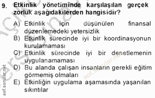 9. soru: Etkinlik yönetiminde karşılaşılan gerçek zorluk aşağıdakilerden hangisidir? A) Etkinlik için düşünülen finansal düzen…