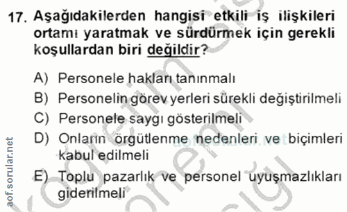 17. soru: Aşağıdakilerden hangisi etkili iş ilişkileri ortami yaratmak ve sürdürmek için gerekli koşullardan biri değildir? A)…