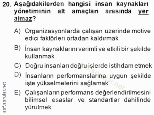 20. soru: Aşağıdakilerden hangisi insan kaynakları yönetiminin alt amaçları arasında yer almaz? A) Organizasyonlarda çalışan üz…