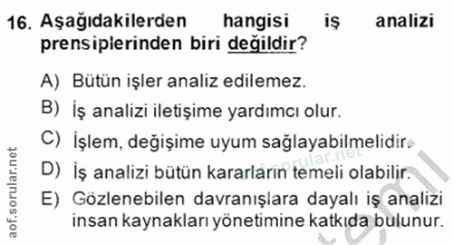 16. soru: Aşağıdakilerden hangisi analizi prensiplerinden biri değildir? A) Bütün işler analiz edilemez. B) İş analizi iletişim…