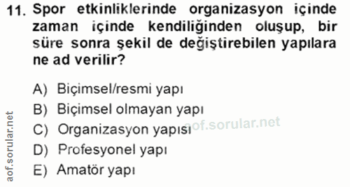 11. soru: Spor etkinliklerinde organizasyon içinde zaman içinde kendiliğinden oluşup, bir süre sonra şekil de değiştirebilen ya…