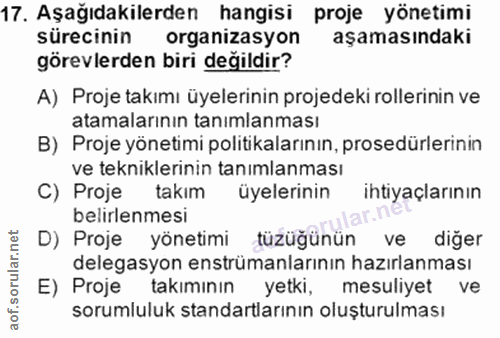 17. soru: Aşağıdakilerden hangisi proje yönetimi sürecinin organizasyon aşamasındaki görevlerden biri değildir? A) Proje takımı…