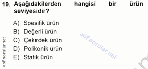 19. soru: Aşağıdakilerden hangisi bir ürün seviyesidir? A) Spesifik ürün B) Değerli ürün C) Çekirdek ürün D) Polikonik ürün E)…