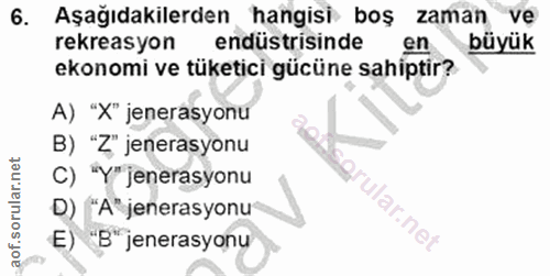 6. soru: Aşağıdakilerden hangisi boş zaman ve rekreasyon endüstrisinde en büyük ekonomi ve tüketici gücüne sahiptir? A) "X" je…