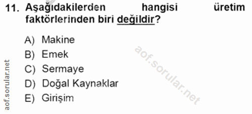 11. soru: Aşağıdakilerden hangisi üretim faktörlerinden biri değildir? A) Makine B) Emek C) Sermaye D) Doğal Kaynaklar E) Girişim