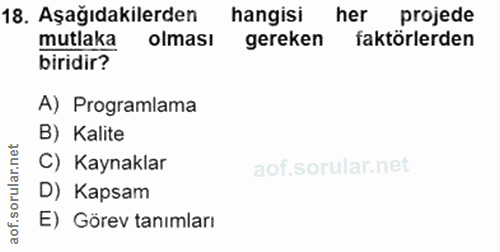 18. soru: Aşağıdakilerden hangisi her projede mutlaka olması gereken faktörlerden biridir? A) Programlama B) Kalite C) Kaynakla…