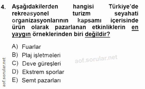 4. soru: Aşağıdakilerden hangisi Türkiye'de rekreasyonel turizm seyahati organizasyonlarının kapsamı içerisinde ürün olarak pa…
