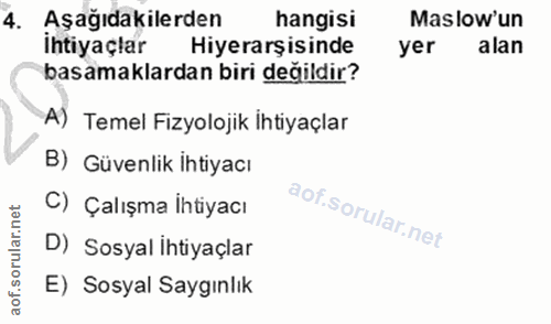 4. soru: Aşağıdakilerden hangisi Maslow'un İhtiyaçlar Hiyerarşisinde yer alan basamaklardan biri değildir? A) Temel Fizyolojik…