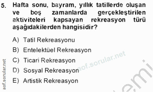 5. soru: Hafta sonu, bayram, yıllık tatillerde oluşan boş zamanlarda gerçekleştirilen aktiviteleri kapsayan rekreasyon türü aş…