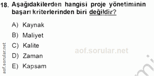 18. soru: Aşağıdakilerden hangisi proje yönetiminin başarı kriterlerinden biri değildir? A) Kaynak B) Maliyet C) Kalite D) Zama…