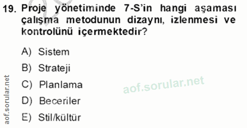 19. soru: Proje yönetiminde 7-S'in hangi aşaması çalışma metodunun dizaynı, izlenmesi ve kontrolünü içermektedir? A) Sistem B)…