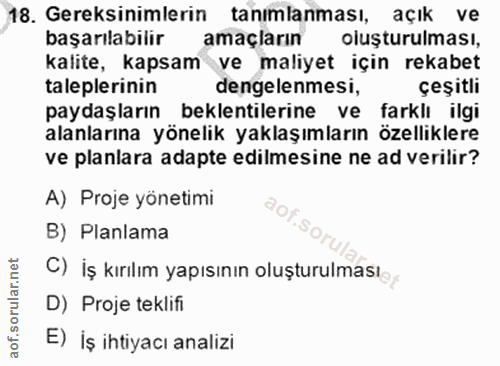 18. soru: Gereksinimlerin tanımlanması, açık ve başarılabilir amaçların oluşturulması, kalite, kapsam ve maliyet için rekabet t…