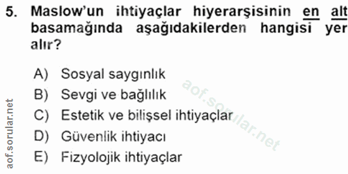 5. soru: Maslow'un ihtiyaçlar hiyerarşisinin en alt basamağında aşağıdakilerden hangisi yer alır? A) Sosyal saygınlık B) Sevgi…