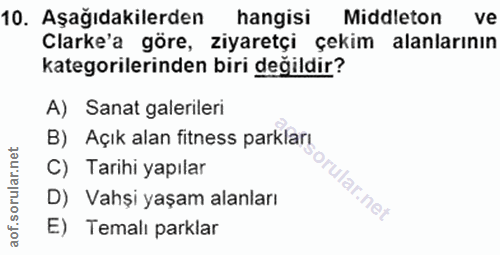 10. soru: Aşağıdakilerden hangisi Middleton ve Clarke'a göre, ziyaretçi çekim alanlarının kategorilerinden biri değildir? A) Sa…
