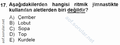 17. soru: Aşağıdakilerden hangisi ritmik jimnastikte kullanılan aletlerden biri değildir? A) Çember B) Lobut C) Sopa lof. D) To…