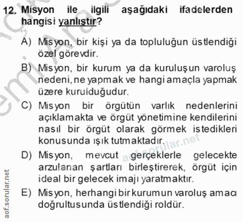 12. soru: Misyon ile ilgili aşağıdaki ifadelerden hangisi yanlıştır? A) Misyon, bir kişi ya da topluluğun üstlendiği özel görev…