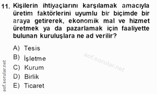 11. soru: Kişilerin ihtiyaçlarını karşılamak amacıyla üretim faktörlerini uyumlu bir biçimde bir araya getirerek, ekonomik mal…