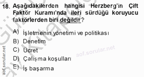 18. soru: Aşağıdakilerden hangisi Herzberg'in Çift Faktör Kuramı'nda ileri sürdüğü koruyucu faktörlerden biri değildir? A) İşle…