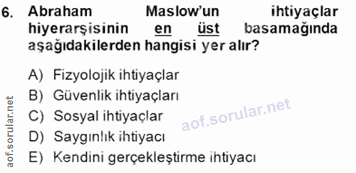 6. soru: Abraham Maslow'un ihtiyaçlar hiyerarşisinin en üst basamağında aşağıdakilerden hangisi yer alır? A) Fizyolojik ihtiya…