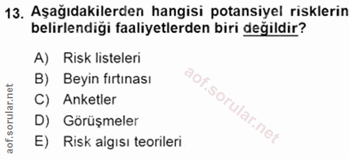 13. soru: Aşağıdakilerden hangisi potansiyel risklerin belirlendiği faaliyetlerden biri değildir? A) Risk listeleri B) Beyin fı…