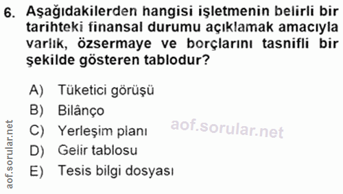 6. soru: Aşağıdakilerden hangisi işletmenin belirli bir tarihteki finansal durumu açıklamak amacıyla varlık, özsermaye ve borç…