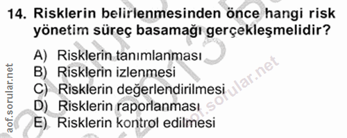 14. soru: Risklerin belirlenmesinden önce hangi risk yönetim süreç basamağı gerçekleşmelidir? A) Risklerin tanımlanması B) Risk…