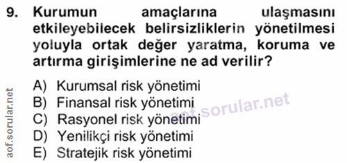 9. soru: Kurumun amaçlarına ulaşmasını etkileyebilecek belirsizliklerin yönetilmesi yoluyla ortak değer yaratma, koruma ve art…