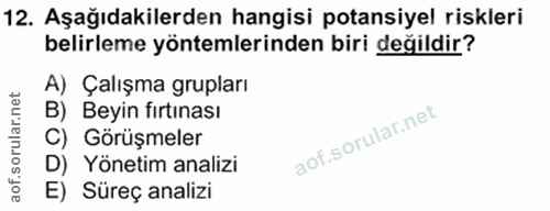 12. soru: Aşağıdakilerden hangisi potansiyel riskleri belirleme yöntemlerinden biri değildir? A) Çalışma grupları B) Beyin fırt…