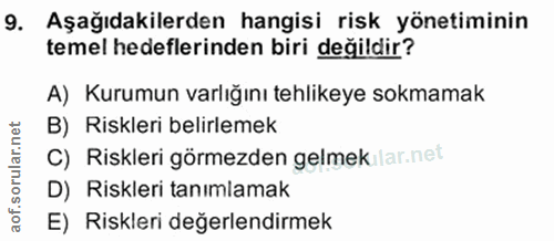 9. soru: Aşağıdakilerden hangisi risk yönetiminin temel hedeflerinden biri değildir? A) Kurumun varlığını tehlikeye sokmamak B…