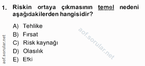 1. soru: Riskin ortaya çıkmasının temel nedeni aşağıdakilerden hangisidir? A) Tehlike B) Fırsat orular.net C) Risk kaynağı D)…