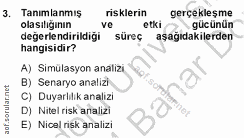 3. soru: Tanimlanmiş risklerin gerçekleşme olasılığının ve etki gücünün değerlendirildiği süreç aşağıdakilerden hangisidir? A)…