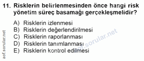 11. soru: Risklerin belirlenmesinden önce hangi risk yönetim süreç basamağı gerçekleşmelidir? A) Risklerin izlenmesi B) Riskler…