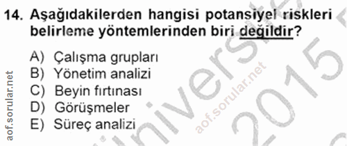 14. soru: Aşağıdakilerden hangisi potansiyel riskleri belirleme yöntemlerinden biri degildir? A) Çalışma grupları B) Yönetim an…